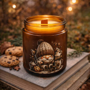 Χειροποίητο αρωματικό κερί κρέμα καρύδας και μαύρα φουντούκια σε cozy ατμόσφαιρα