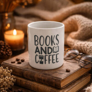Κούπα Books and Coffee επάνω σε βιβλία με κερί και ζεστή ατμόσφαιρα βιβλιοπωλείου